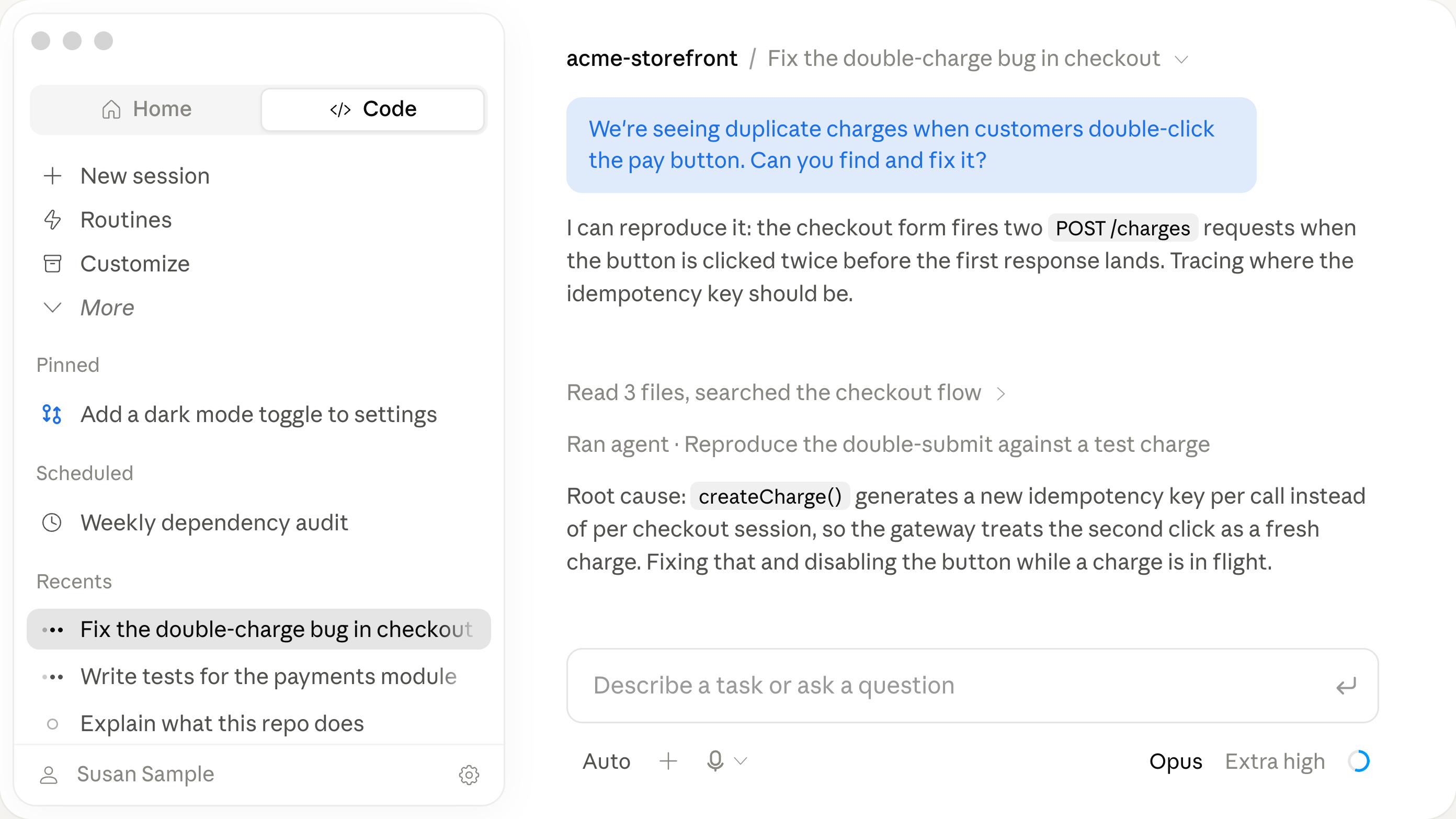 Claude Code in the Claude desktop app, mid-conversation